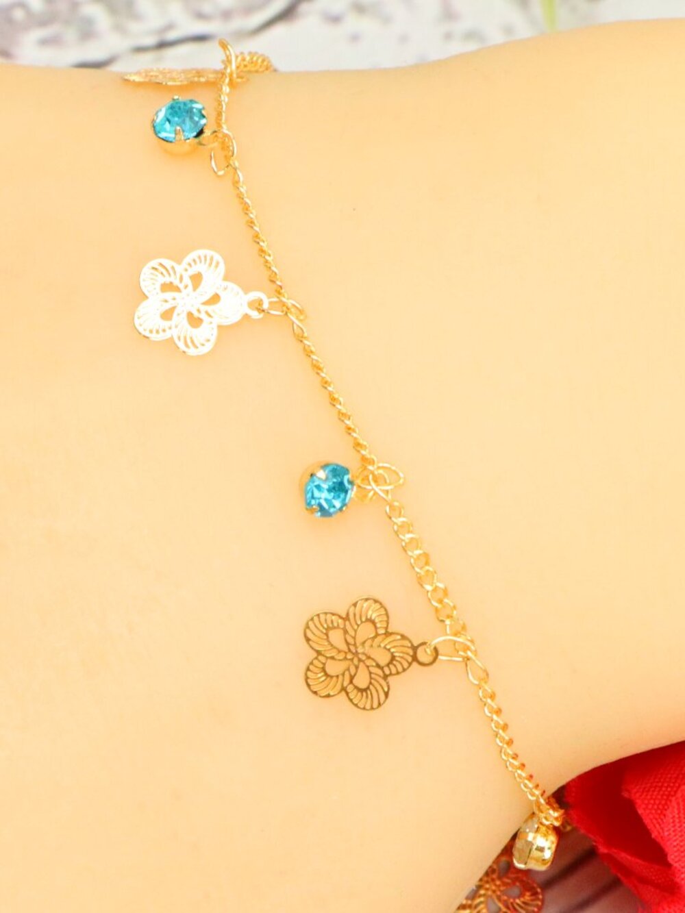 Gold Color Elegant Flower Charm Bracelet Blue Green CZ Dainty Jewelry WALRCN108